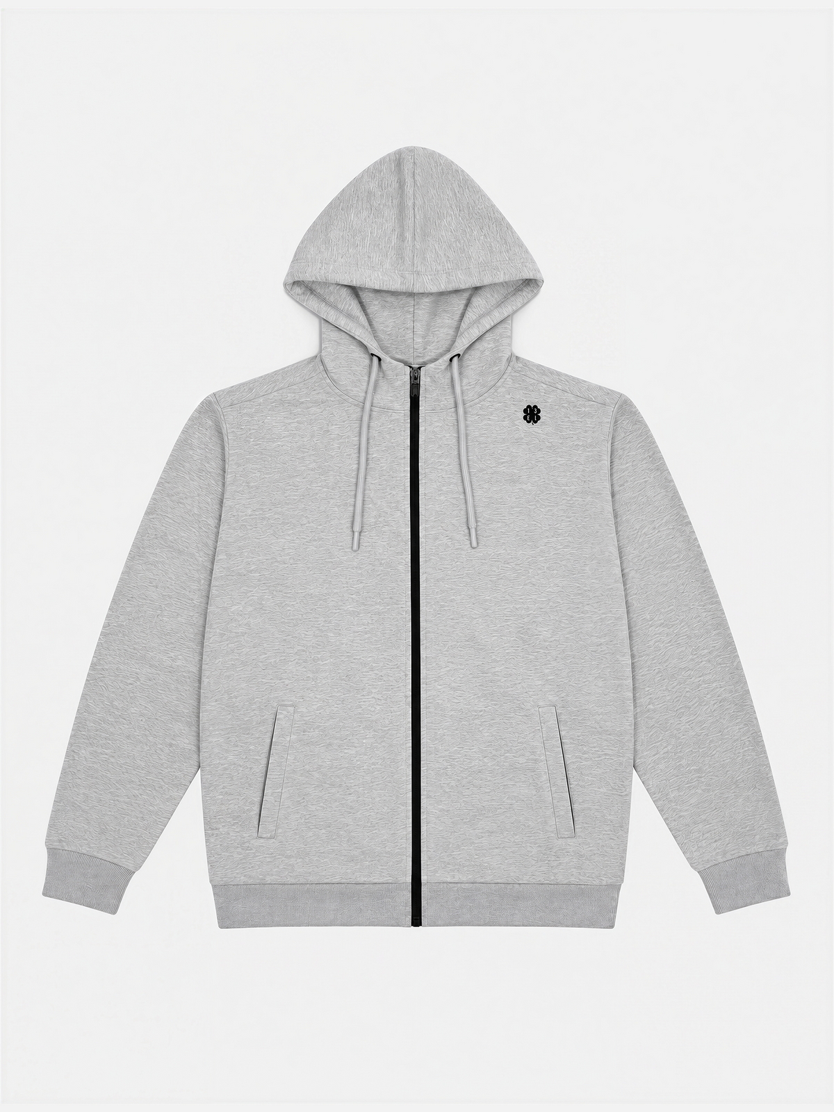 Front view of the Lucky 13 Zipped Hoodie in melange grey, laid flat.