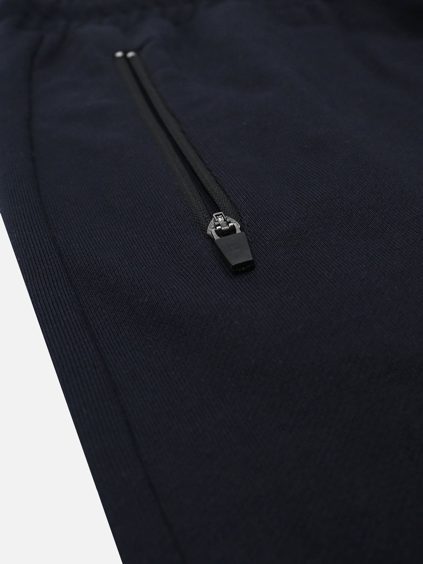 Close-up of a black zipper pocket on La Machine Cycle Club’s Beyond the Bike Sweatpants in Dark Navy, showcasing the premium fabric texture and stitching details.